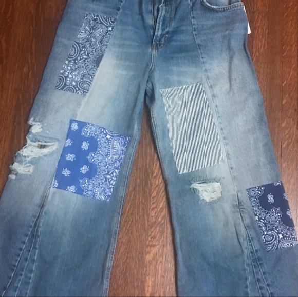 Free People wide leg patch work jeans aka Joanna blue - Picture 2 of 6